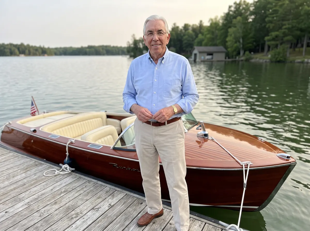 Thomas Bennett smiling in a blue oxford shirt on a lake dock beside a polished mahogany runabout